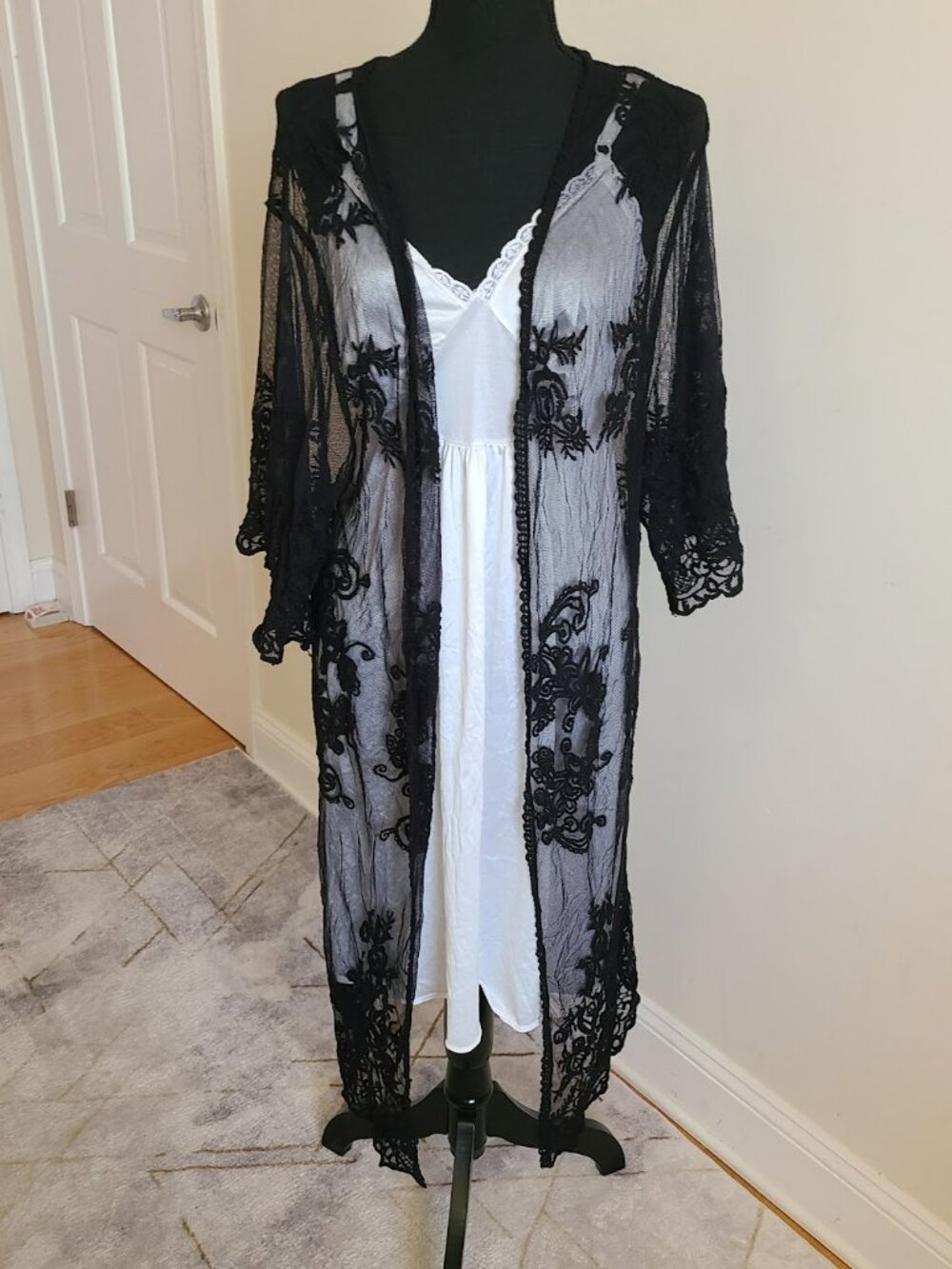 Black Sheer Embroidered Lace Kimono Duster Floral Mesh Open Front Boho Goth